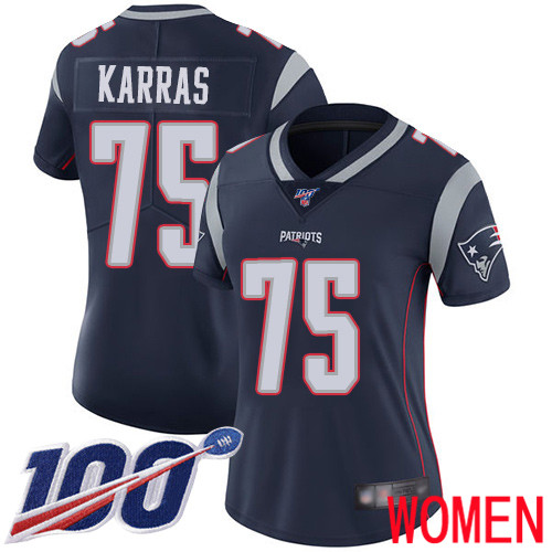 New England Patriots Football #75 100th Season Limited Navy Blue Women Ted Karras Home NFL Jersey